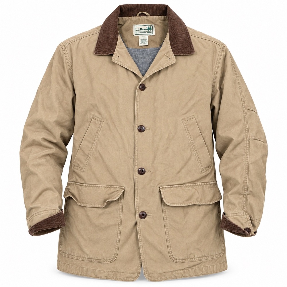 LL Bean Field Coat Mens L Original Barn Jacket Tan Corduroy Trim Canvas DWY16